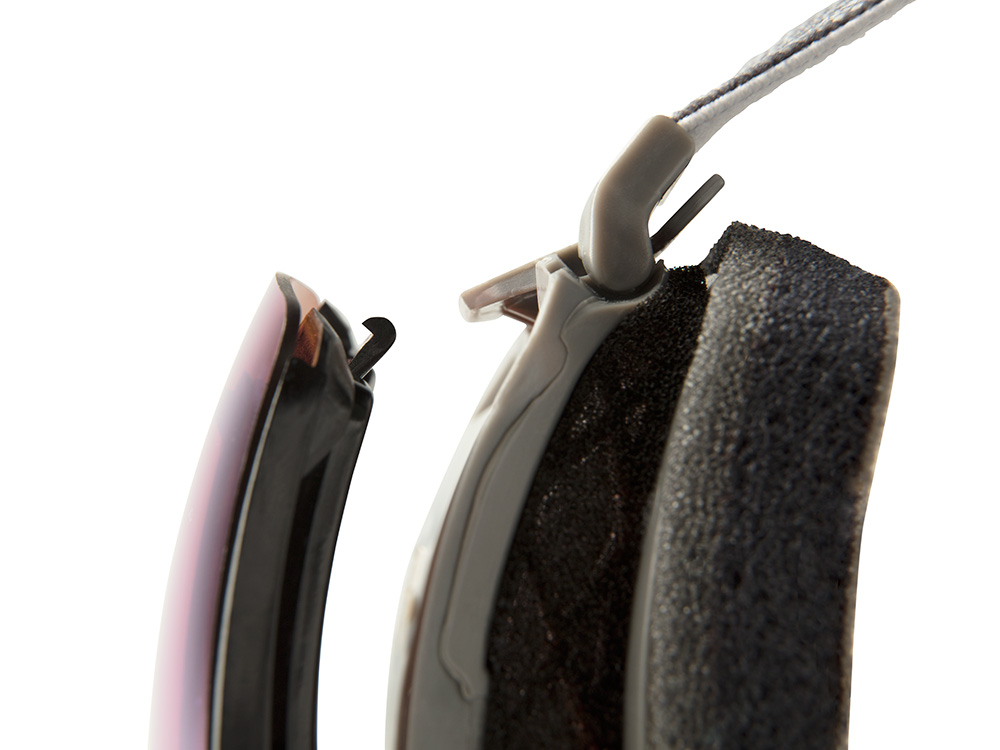 “双锁定机构”磁铁的磁力自动将镜片引导至镜框，左右锁定系统响应外部冲击和扭曲，完美固定镜片。要锁定，只需将靠近肩带底部的左侧或右侧旋钮降低到面部泡沫侧。